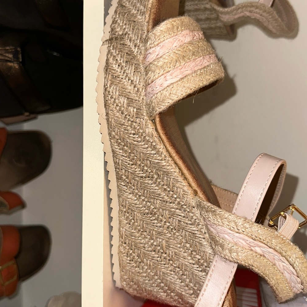 Pink and tan tweed wedge sandals